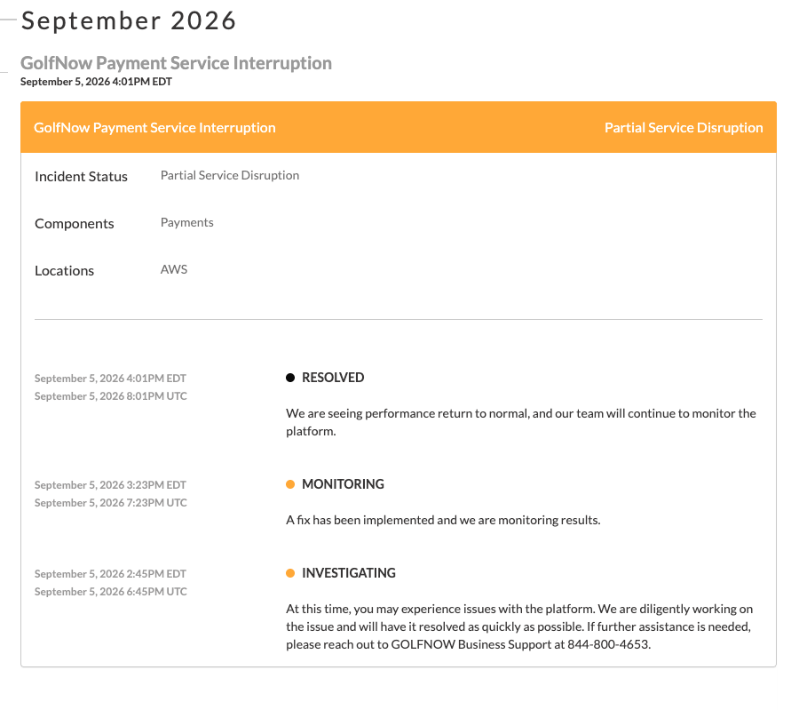 GolfNow Payment Service Interruption, September 5, 2026