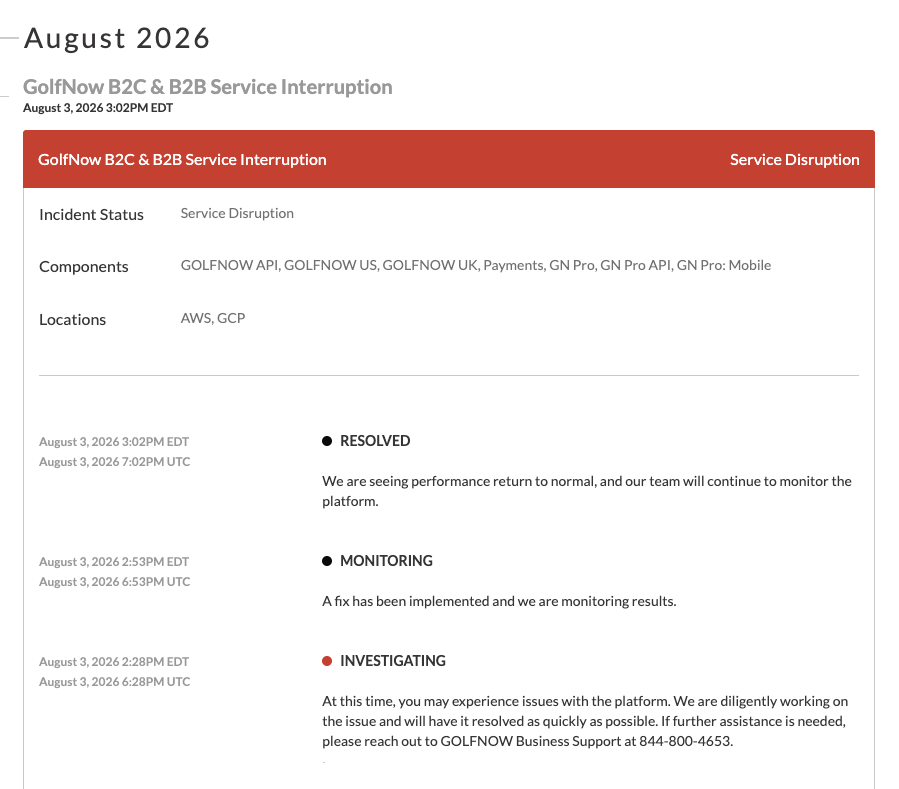 August 2026: GolfNow B2C and B2B Service Interruption