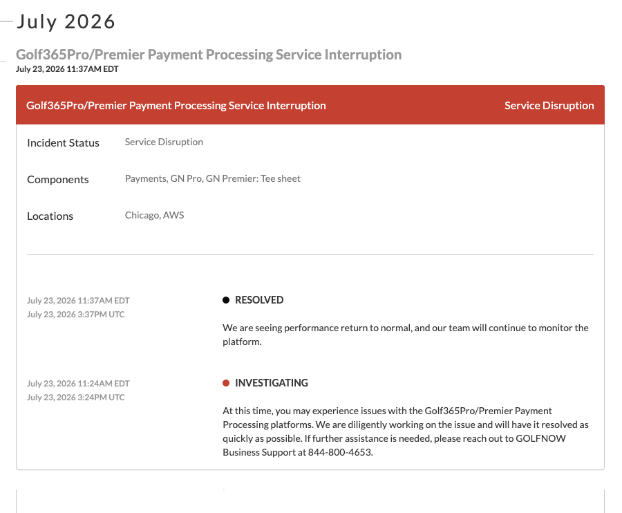 July 2026: Golf365Pro/Premier Payment Processing Service Interruption
