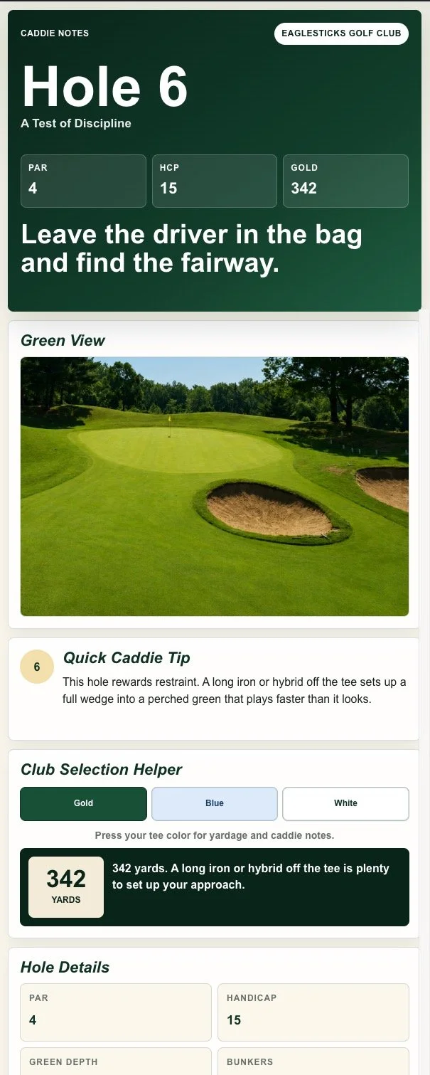 EagleSticks Caddie Notes page for Hole 6, a mobile-only on-course tool