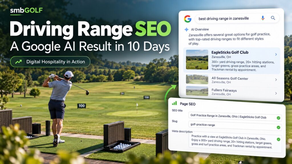 Golfer practicing at a driving range alongside Google AI search results featuring EagleSticks Golf Club in Zanesville, Ohio, illustrating how smbGOLF's Hospitality First SEO helped the course appear in AI-assisted search results just 10 days after website improvements.