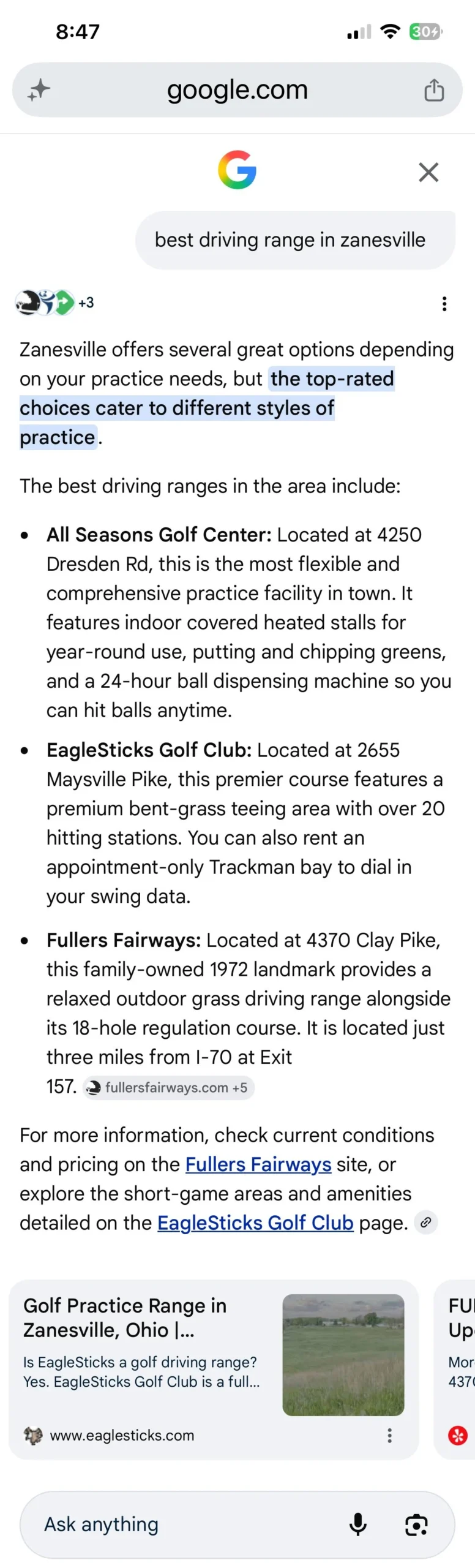 On May 17, Google’s AI-assisted result for “best driving range in zanesville” included EagleSticks Golf Club as one of the local practice options.