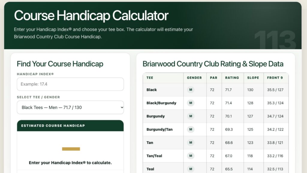 Course Handicap Calculator built by smbGOLF for Briarwood Country Club, showing tee ratings and slope data