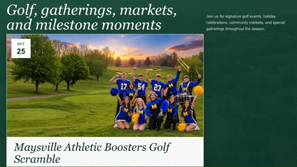 Golf course events page built by smbGOLF, featuring a golf scramble event card with date and photo