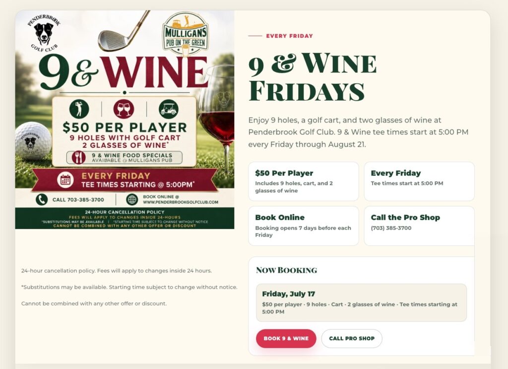 Penderbrook Golf Club 9 and Wine Fridays promotion banner