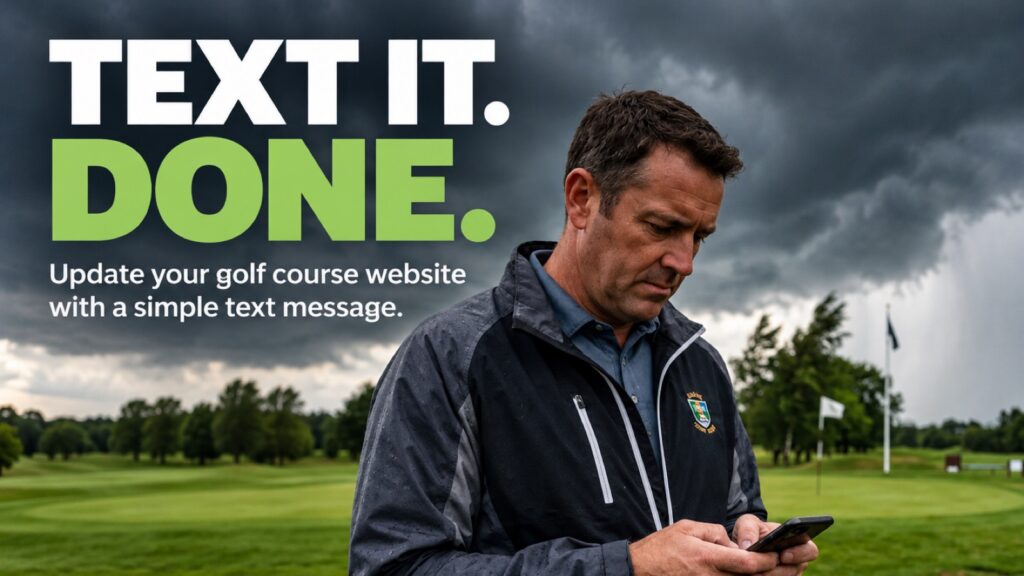 Golf course operator texting an update from the course, with the message "Text it. Done." for smbGOLF Text-to-Web