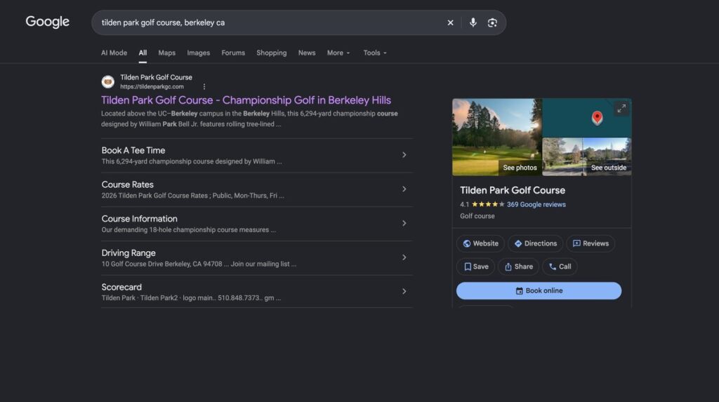 Google search result for Tilden Park Golf Course in Berkeley, CA, showing the Book Online button